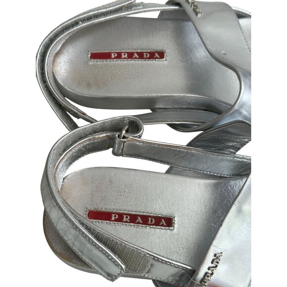 PRADA Silver Leather Double Strap Sandals Size 38.5 - Picture 8 of 10